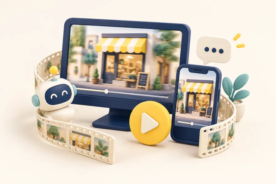 パソコンとスマホに同じ店先の映像が映り、再生ボタンとフィルムが囲むイラスト