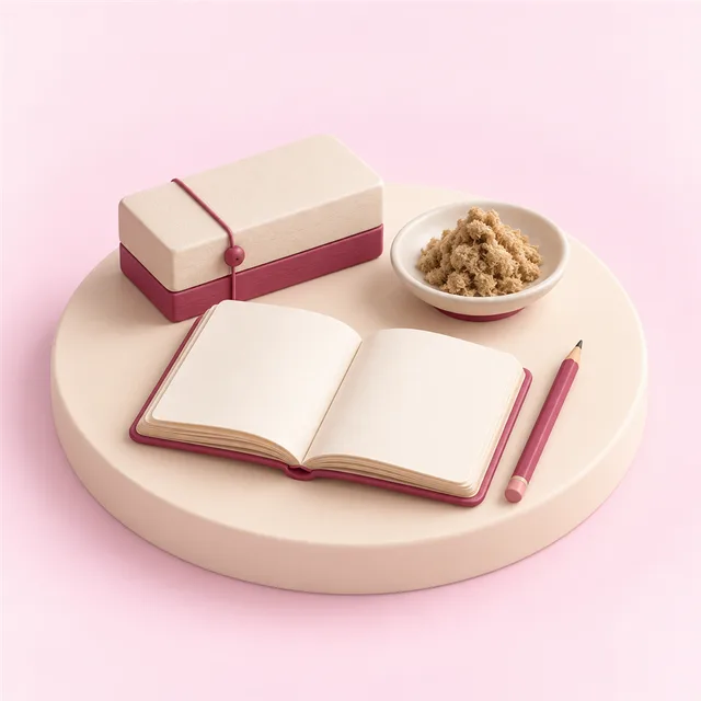 ふたの閉じた細長い小箱と、もぐさを盛った陶器の小皿、開いた無地のノートと鉛筆