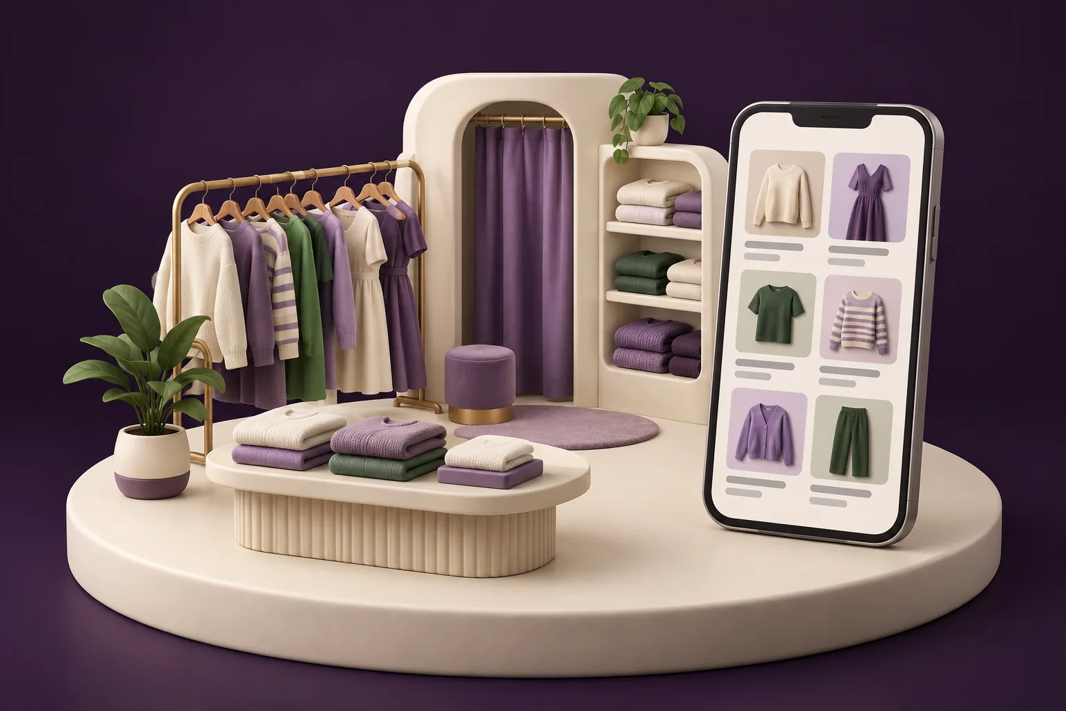 ハンガーラックに色違いの服が並ぶ小さな洋服店の模型と、服の写真が並ぶスマートフォン