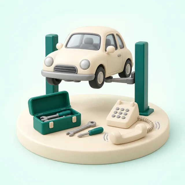 リフトに載った小さな車と工具箱、その横で受話器が外れたまま鳴っている電話機