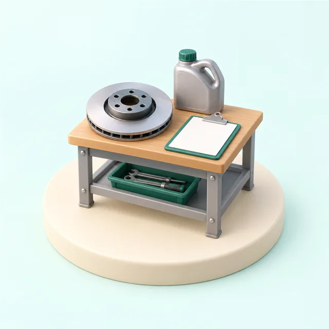 外した円盤形のブレーキ部品とオイルの缶、点検表を挟んだクリップボードが並ぶ作業台