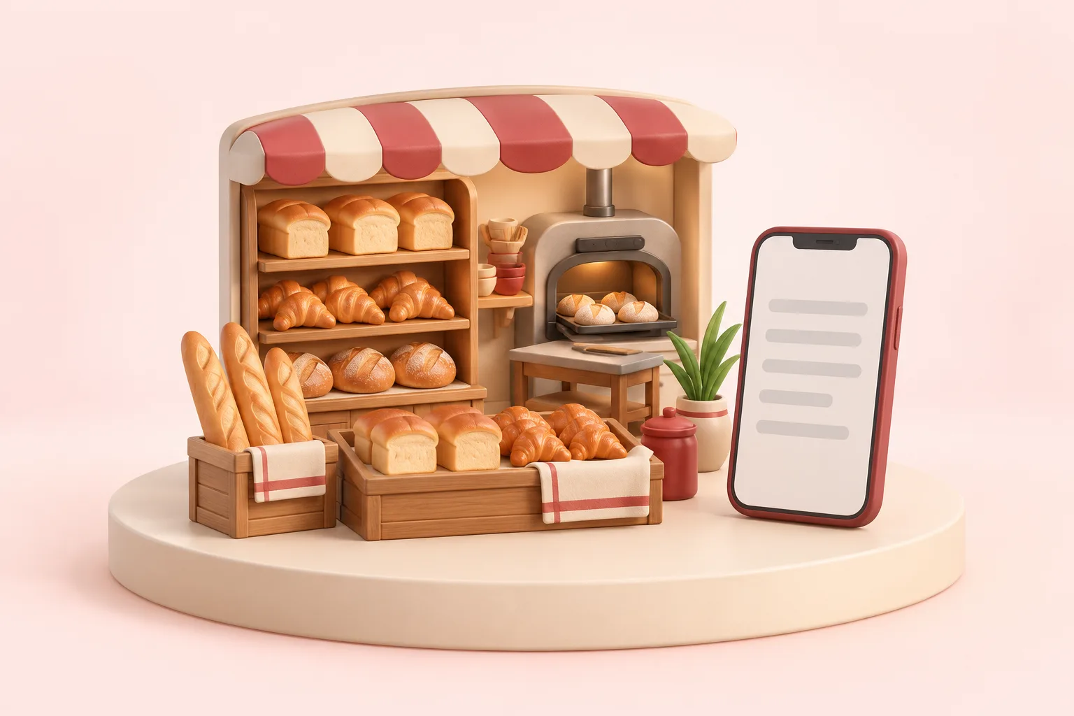 木の棚に食パンやクロワッサン、バゲットが並び、奥にオーブンのある小さなパン屋の模型