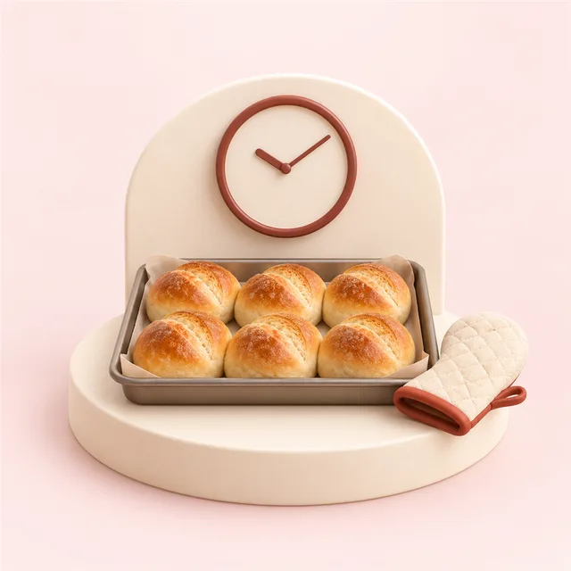 天板に並ぶ焼きたてのロールパンとミトン、文字盤が無地の丸い壁掛け時計
