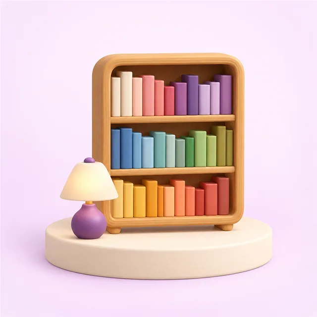 背表紙が無地の本が色ごとに並ぶ木の本棚と、その手前に置かれた小さな読書灯