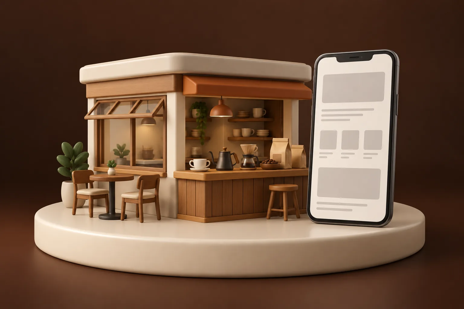 木のカウンターにコーヒーカップとドリップポットが並ぶ、窓辺の席のある小さなカフェの模型