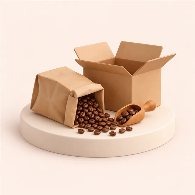 口を折った無地の紙袋からこぼれるコーヒー豆と、ふたの開いた配送用の箱と計量スプーン