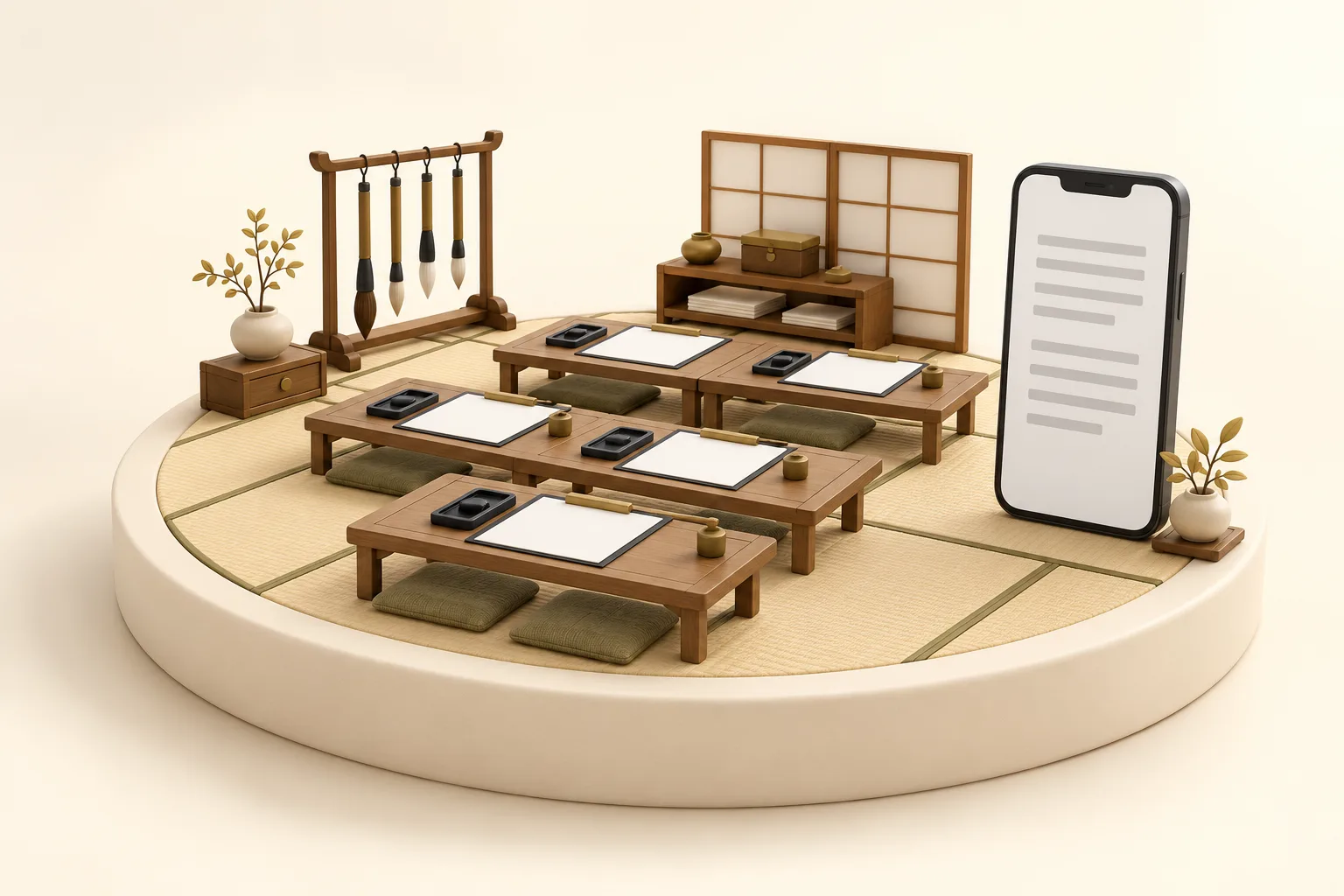 畳に低い長机が並び、硯と文鎮、筆掛けが置かれた書道教室の模型と、灰色の線が並ぶスマートフォン