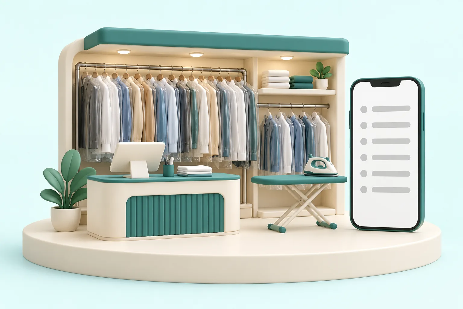 透明なカバーの服が並ぶラックと受付台がある小さなクリーニング店の模型と、料金表が映るスマートフォン