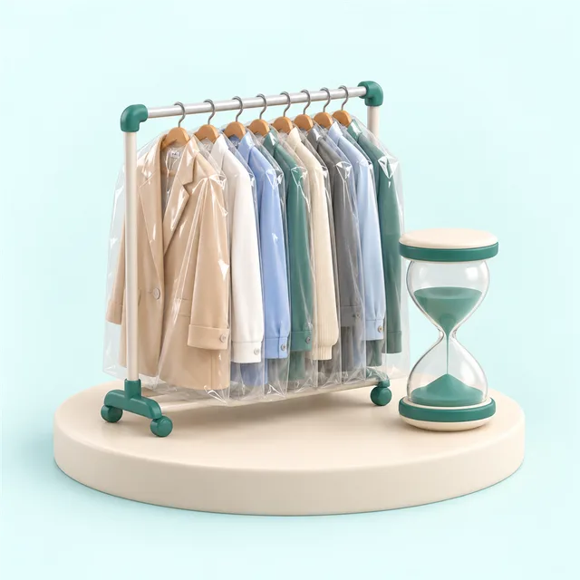 透明なカバーに包まれた仕上がりの服がぎっしり掛かる棚と、小さな砂時計