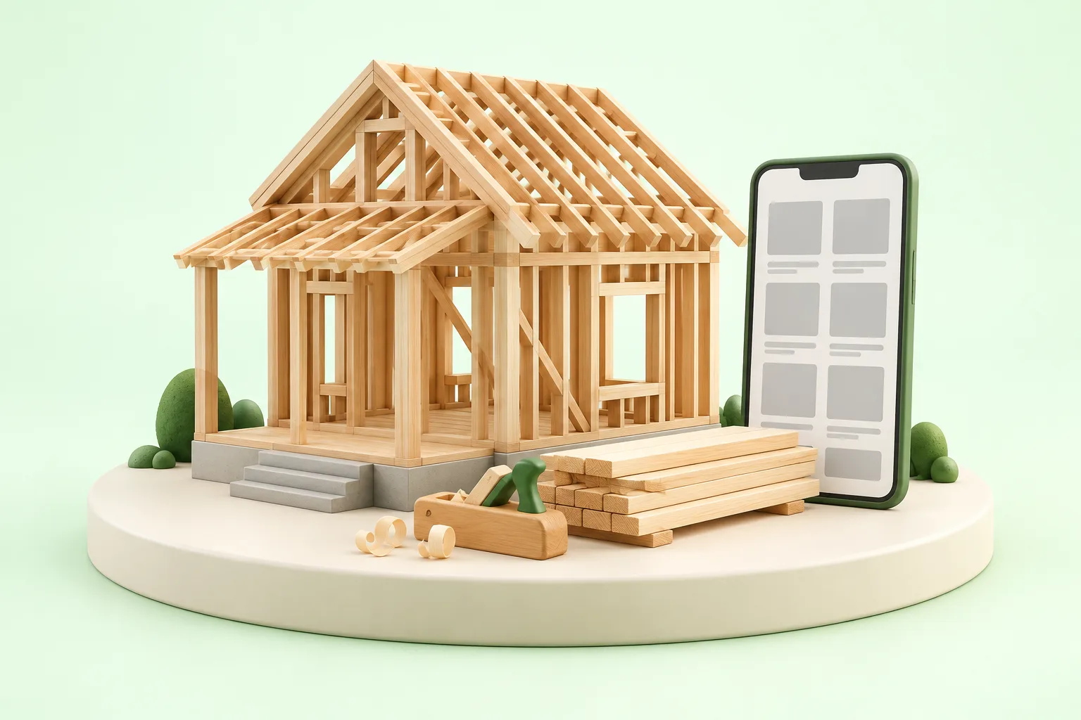 木の柱と梁が見える建築中の一戸建ての模型と、積まれた木材、灰色の四角が並ぶスマートフォン