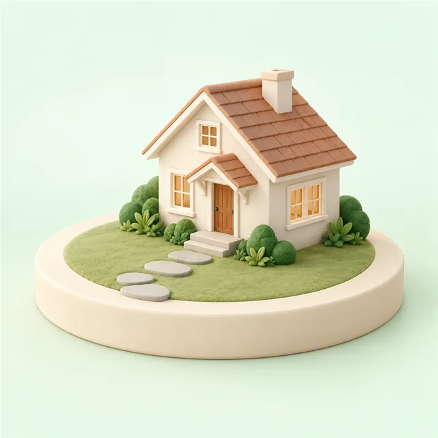一列に続く小さな飛び石の先に、屋根まで載った小さな一戸建ての模型が立つ様子