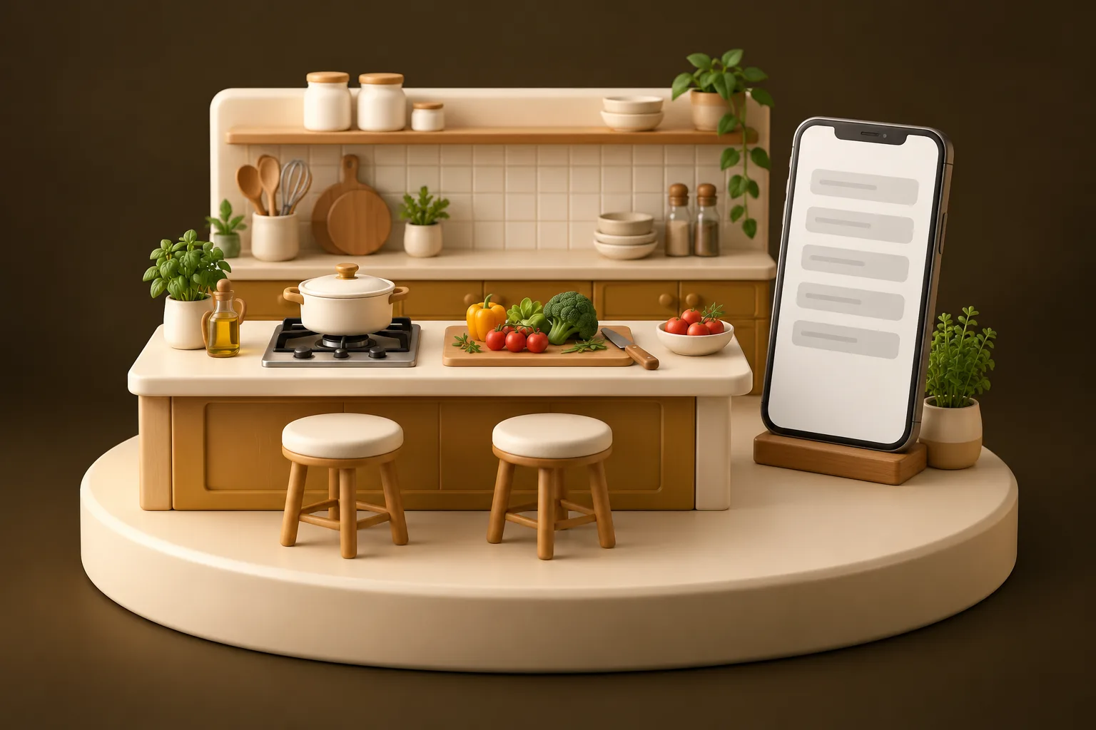 調理台とコンロ、鍋と野菜が並ぶ小さな料理教室の模型と、献立のような線が並ぶスマートフォン