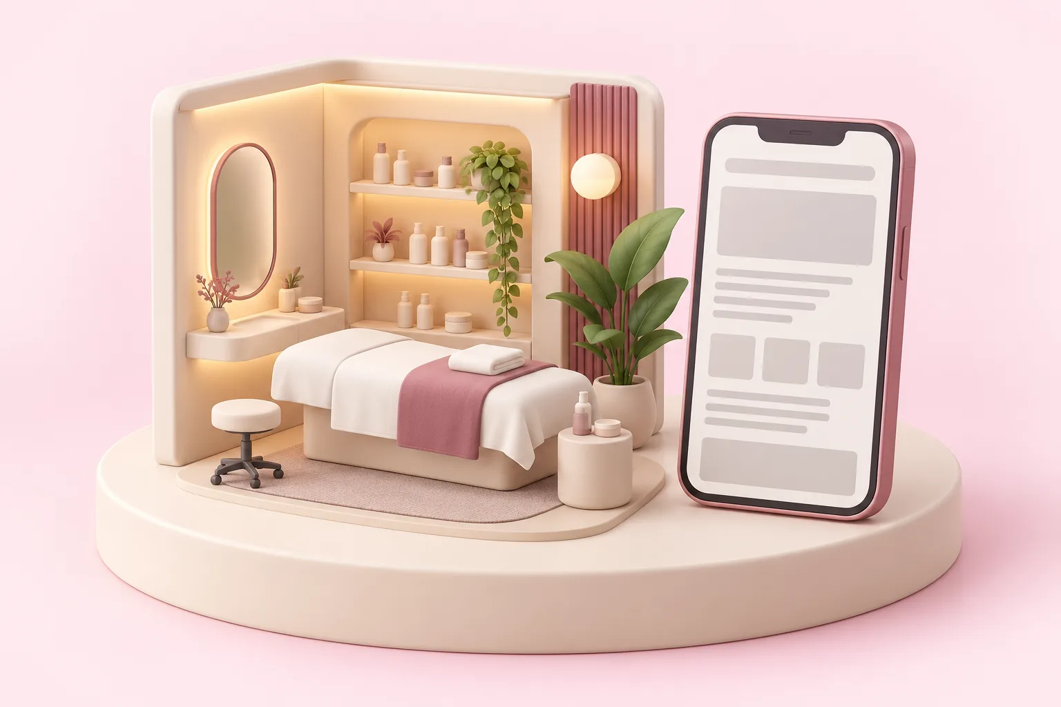 タオルを畳んだ施術ベッドと小瓶の棚がある個室の模型と、灰色の線が並ぶスマートフォン
