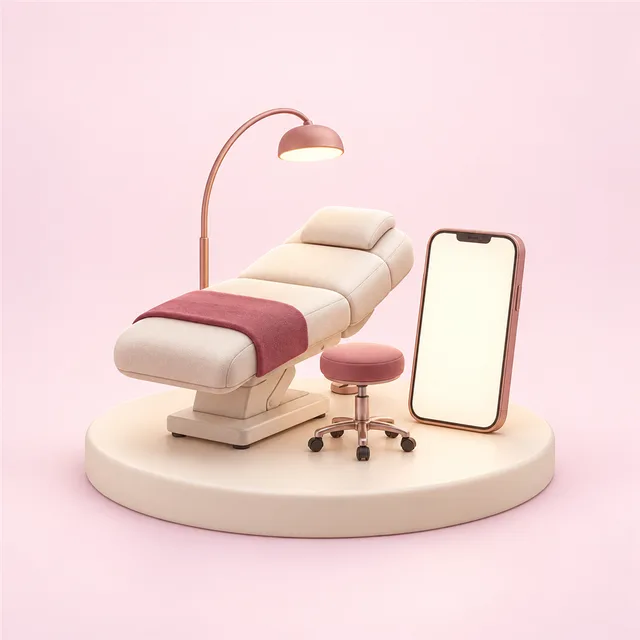 誰も座っていない施術ベッドの模型と、その横で画面が明るく光るスマートフォン