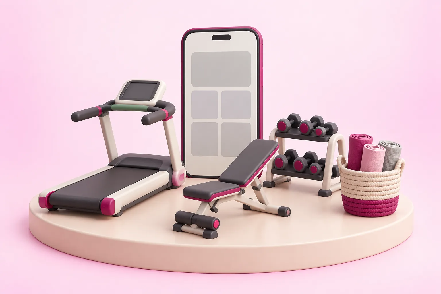 ランニングマシンと小さなダンベル、ベンチが並ぶジムの模型と、灰色の四角が並ぶスマートフォン