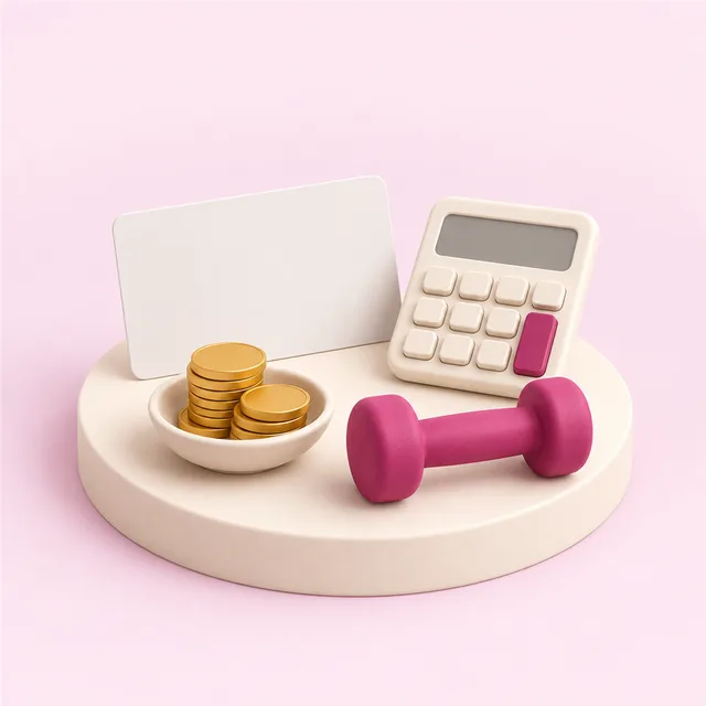 会員証のような無地のカードと小さな電卓、硬貨を積んだ小皿と小さなダンベル