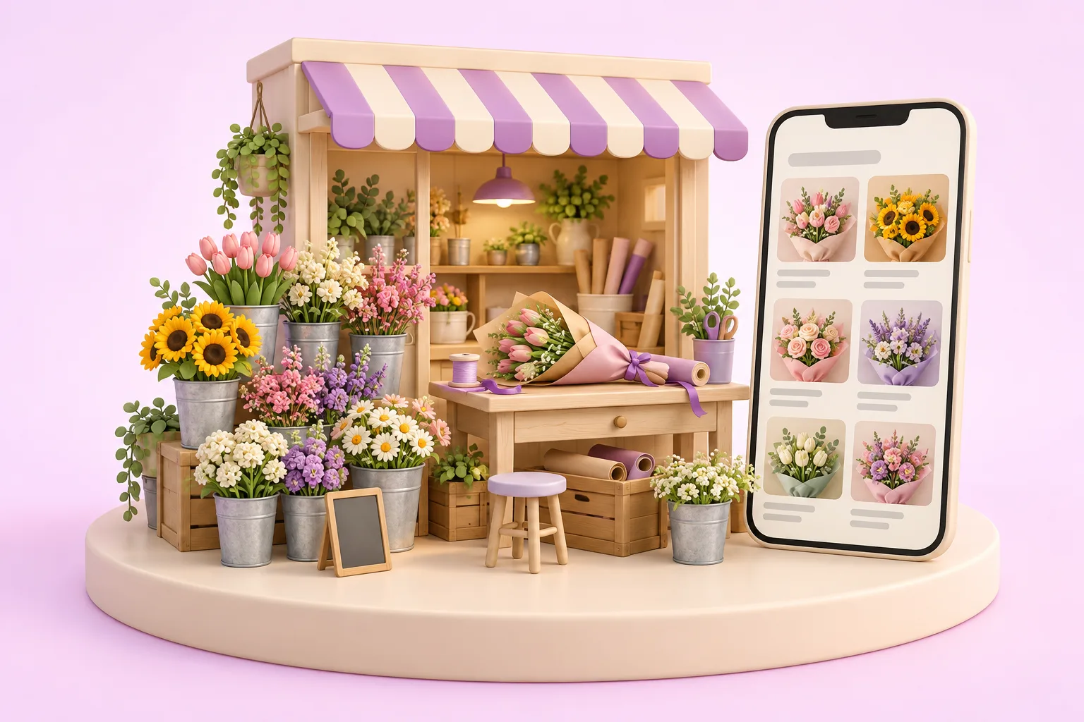 バケツに挿した季節の花と作業台のある小さな花屋の模型と、花束の写真が映るスマートフォン