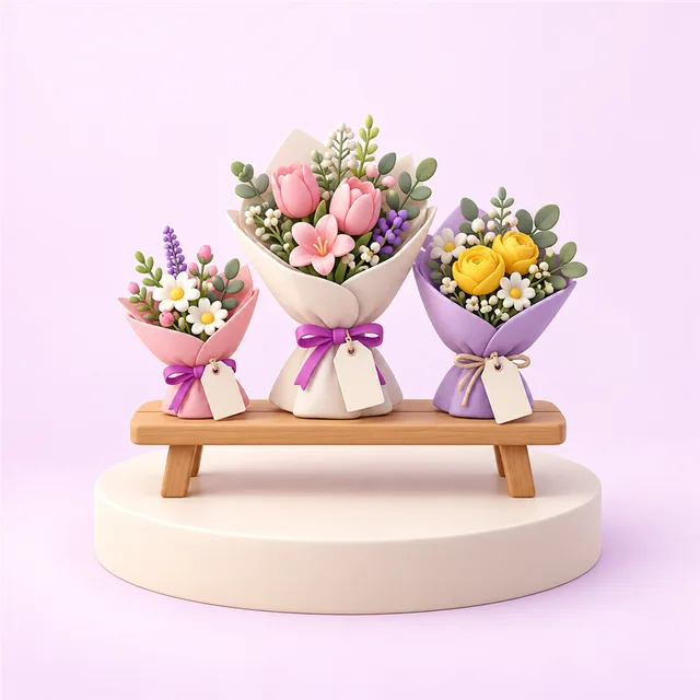 大きさの違う色違いの花束が三つ並び、それぞれに無地の札が付いた木の台