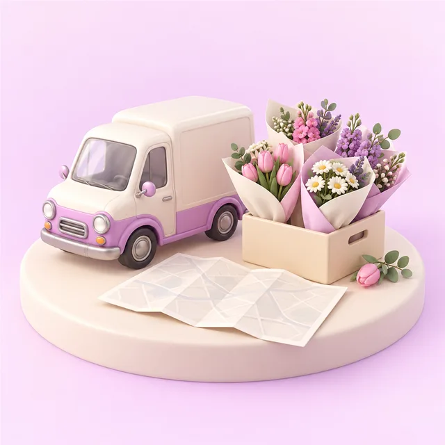 小さな配達用の車の模型と、花束を立てて入れた箱、無地の地図が広がる台座