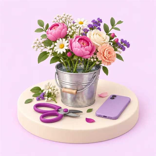水を張ったバケツに挿した切り花と花ばさみ、その横に伏せて置かれたスマートフォン