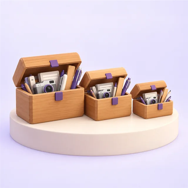 大きさの違う 3 つの木の道具箱のふたが少し開き、ペンや定規、小さなカメラがのぞく様子