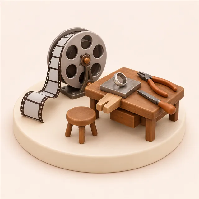 コマが無地の小さなフィルムのリールと、作業台の工具と作りかけの金属の小物