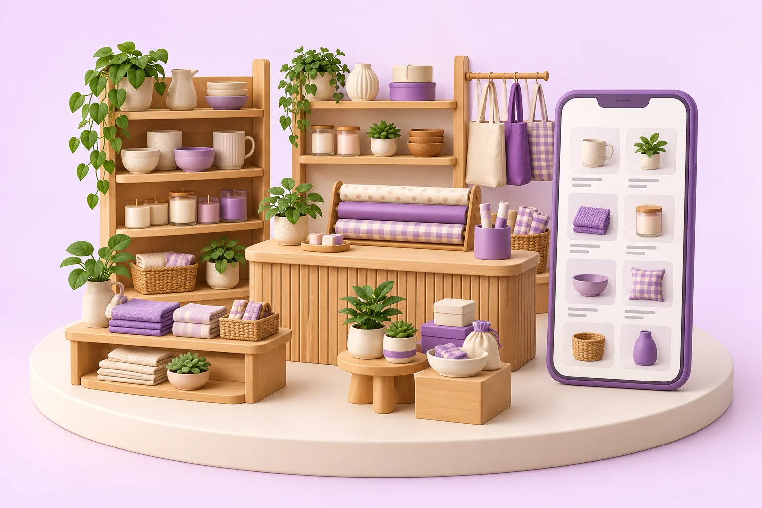 木の棚に器や布小物、ろうそくが並ぶ小さな雑貨店の模型と、商品の写真が並ぶスマートフォン