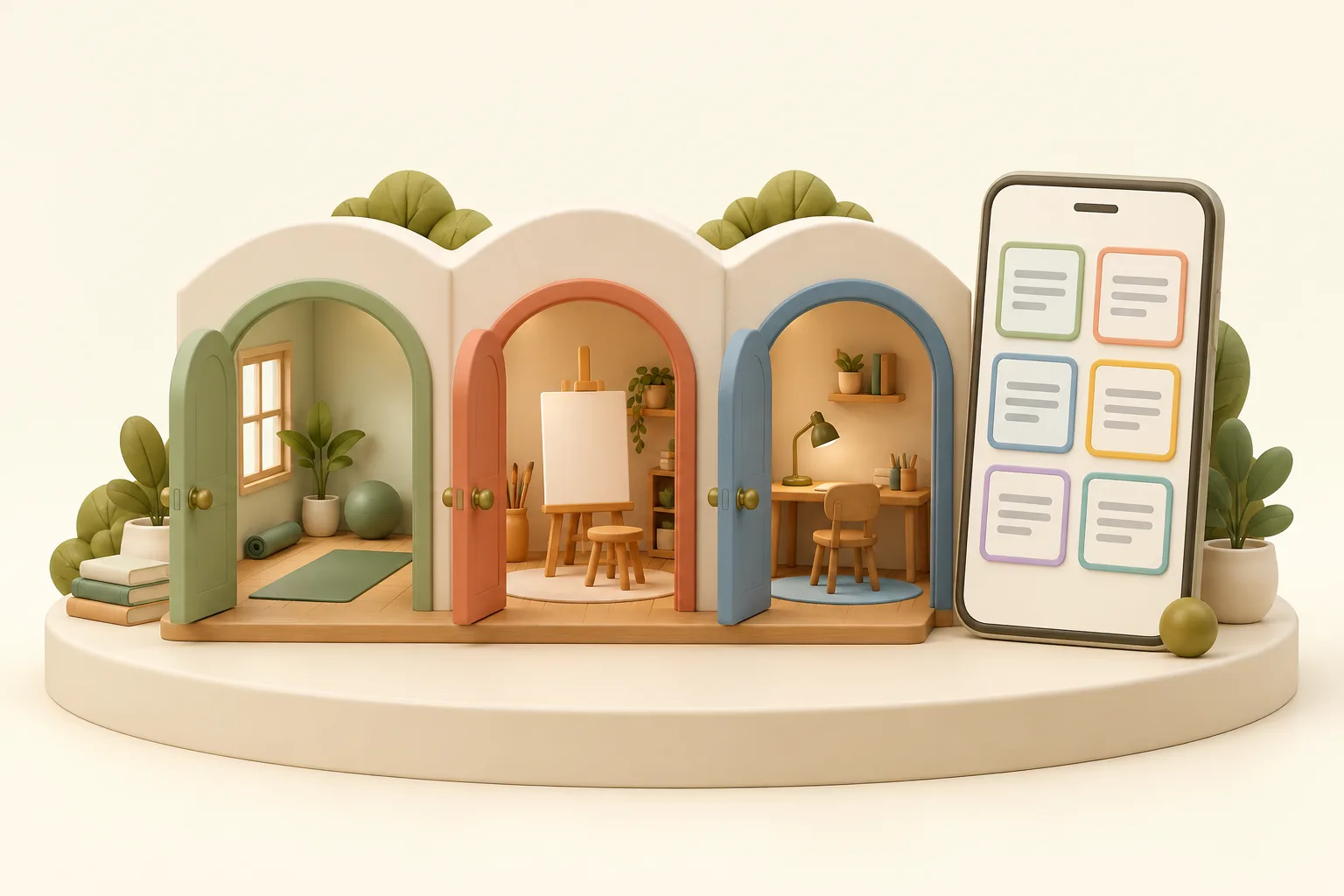 扉の色がそれぞれ違う小部屋が横に並ぶ教室の模型と、色分けされた枠が並ぶスマートフォン