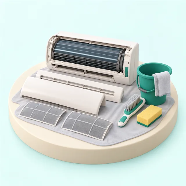 カバーを外したエアコンの部品とフィルター、ブラシやスポンジが並ぶ作業用のシート