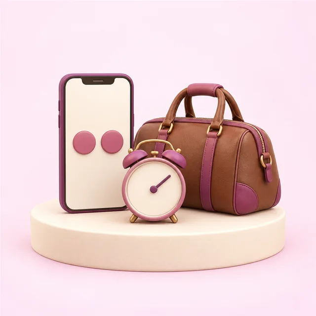 丸いボタンが 2 つだけ並ぶ画面のスマートフォンと、小さな目覚まし時計と革のかばん