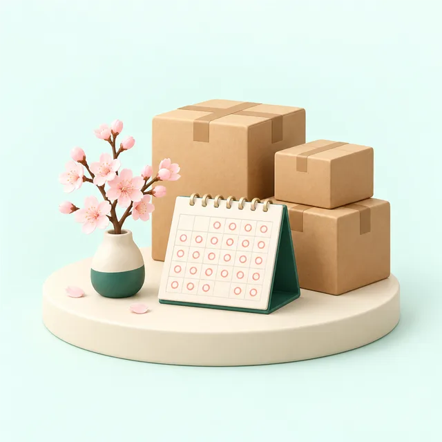 桜の小枝を挿した花瓶と、丸い印がぎっしり付いた卓上カレンダー、積まれた段ボール箱