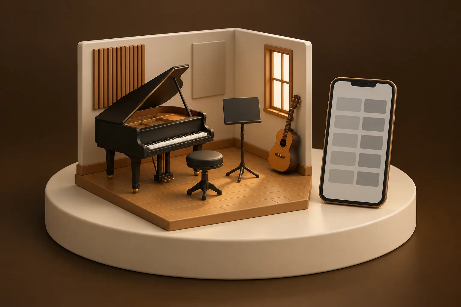 グランドピアノと譜面台、ギターが置かれた小さなレッスン室の模型と、灰色の枠が並ぶスマートフォン