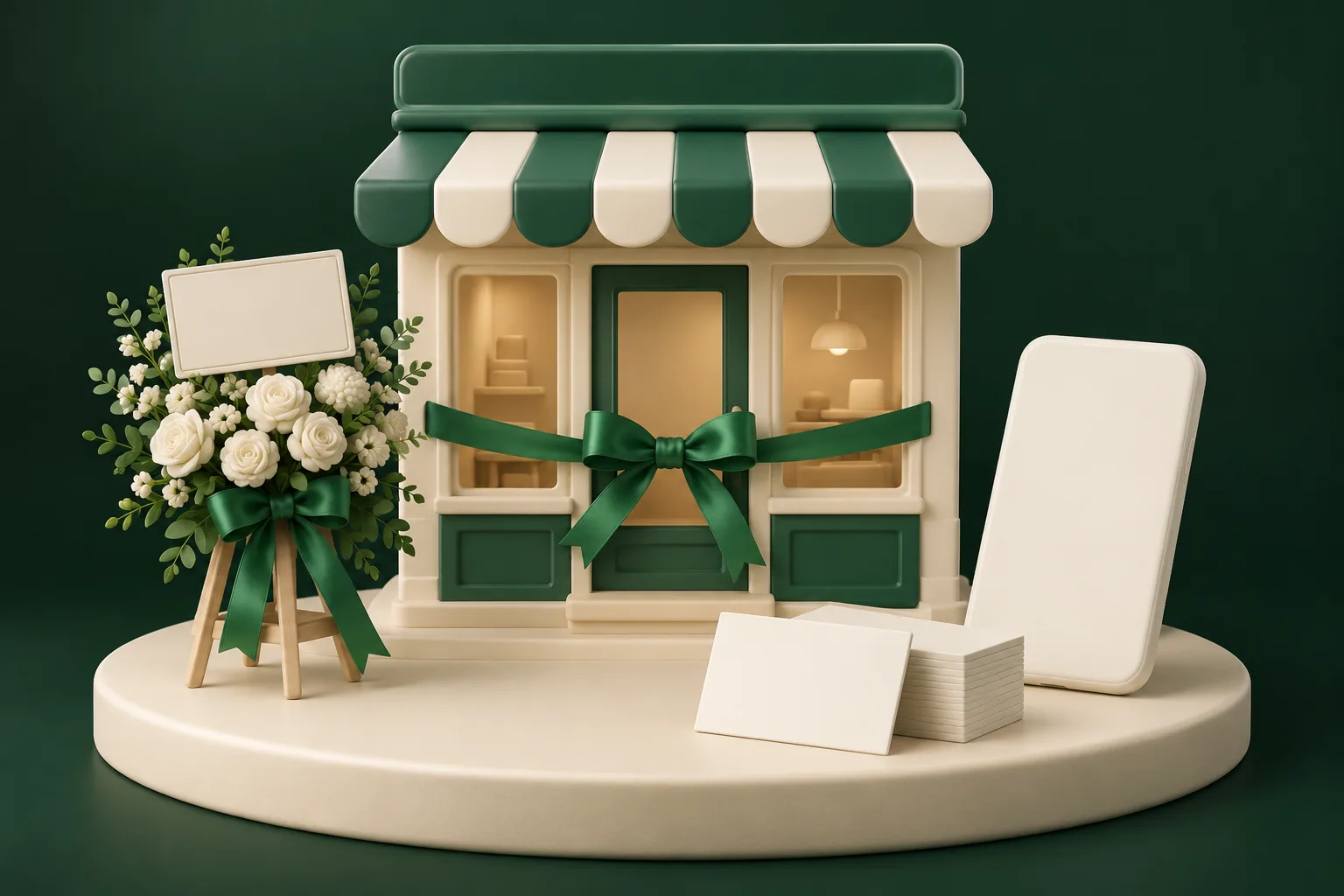 リボンを掛けた小さなお店の模型と開店祝いの花のスタンド、白紙の名刺の束