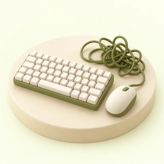からまったコードのマウスと、刻印のない白いキーがぎっしり並ぶキーボード