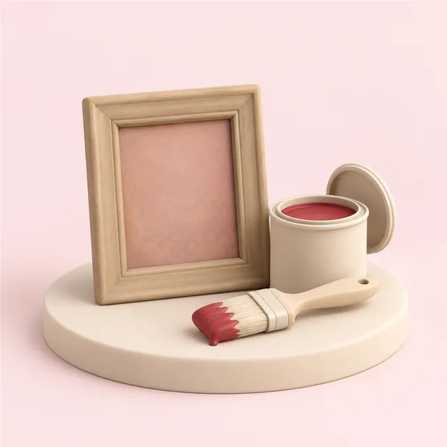色あせた無地の絵が入った古い額縁と、ふたの開いた新しいペンキの缶と刷毛