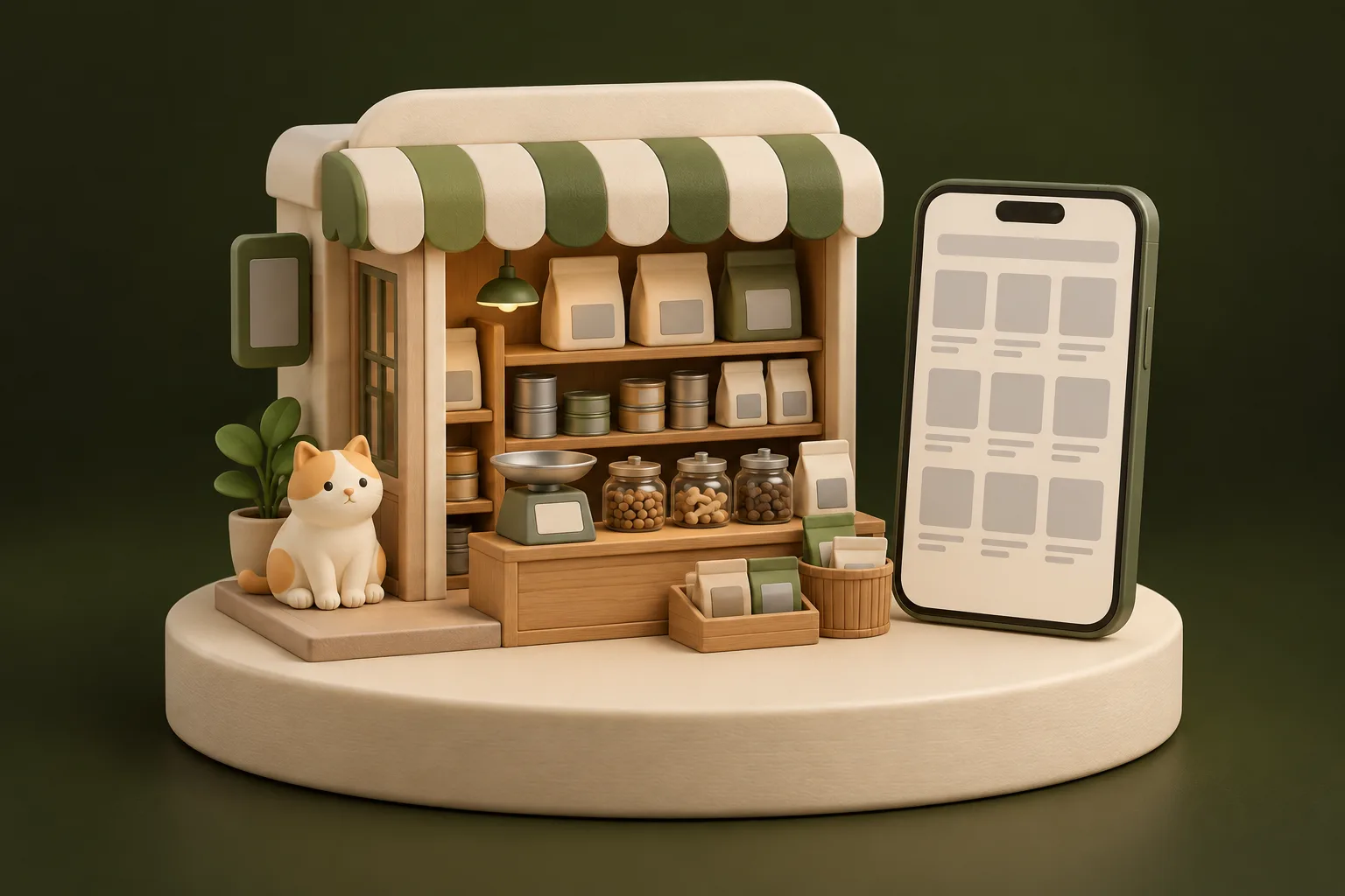 フードの袋と缶が並ぶ木の棚の小さなお店の模型と、商品のような四角が並ぶスマートフォン