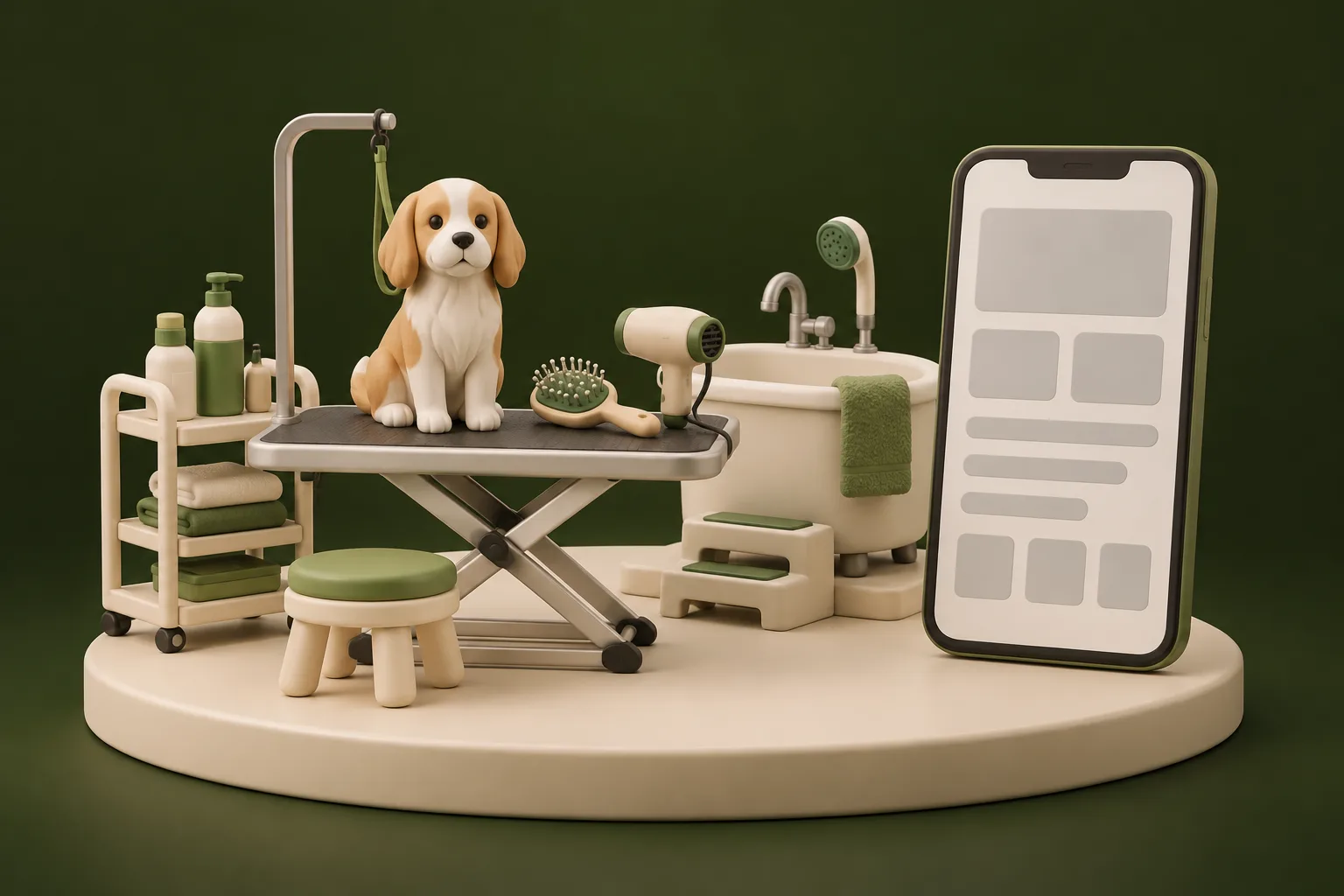 トリミング台におすわりした犬の置物とドライヤーのある店内の模型と、灰色の四角が並ぶスマートフォン