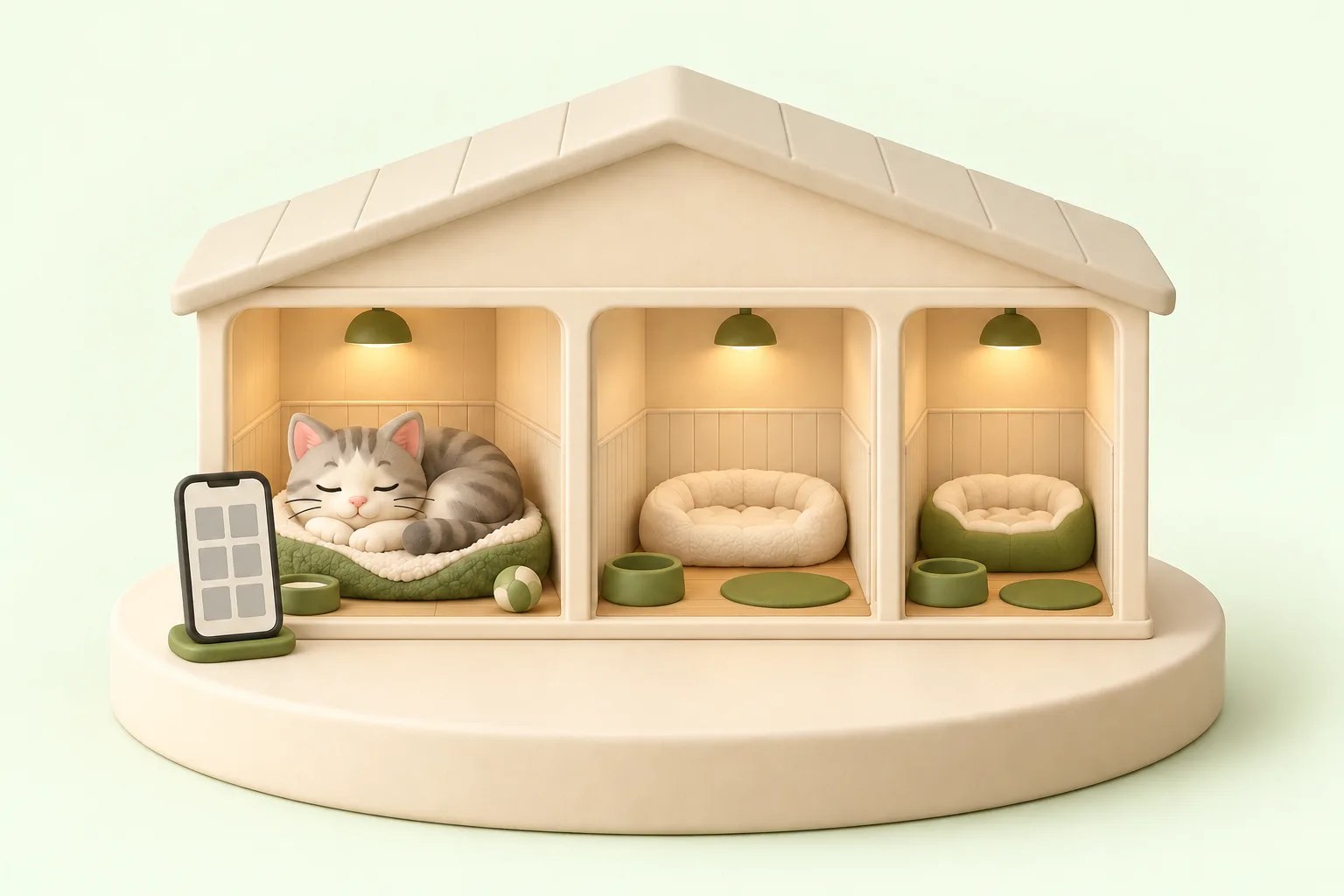 小部屋が並ぶペットホテルの模型と毛布で眠る猫の置物、灰色の四角が並ぶスマートフォン