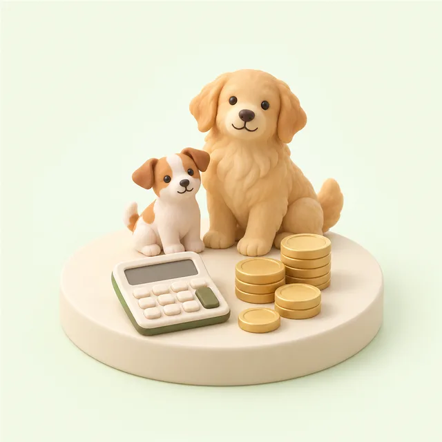 小さな電卓と数字のない硬貨の山、大きさの違う 2 匹の犬の置物