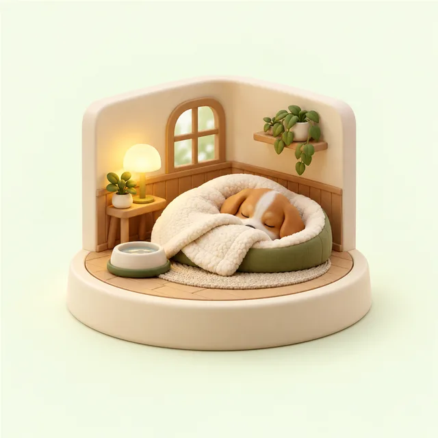 小さなランプが灯る小部屋で、毛布にくるまって眠る犬の置物と水の器