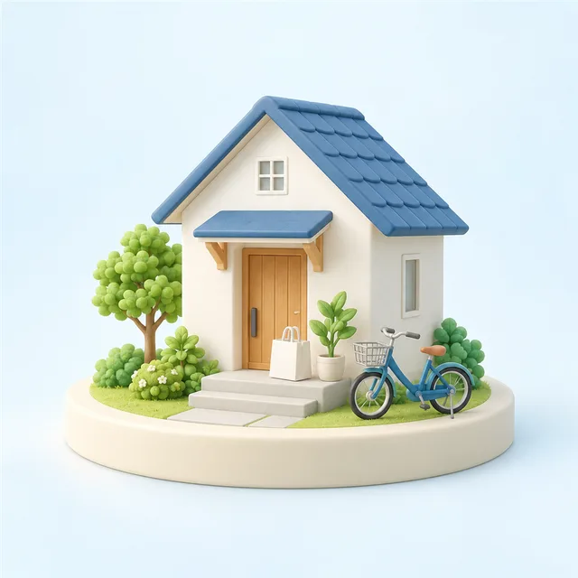 小さな一軒家の模型の玄関先に、無地の白い手提げ袋と小さな自転車が置かれた様子