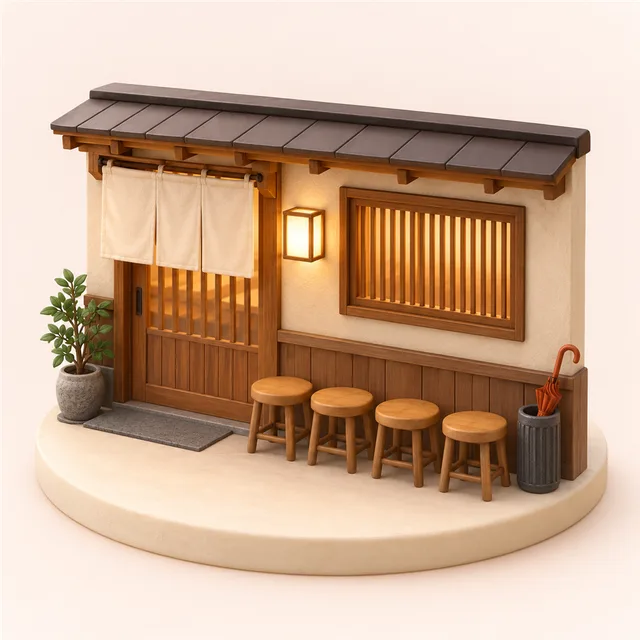 小さな店の入口の横の壁ぞいに並ぶ丸い木の椅子と、傘立て