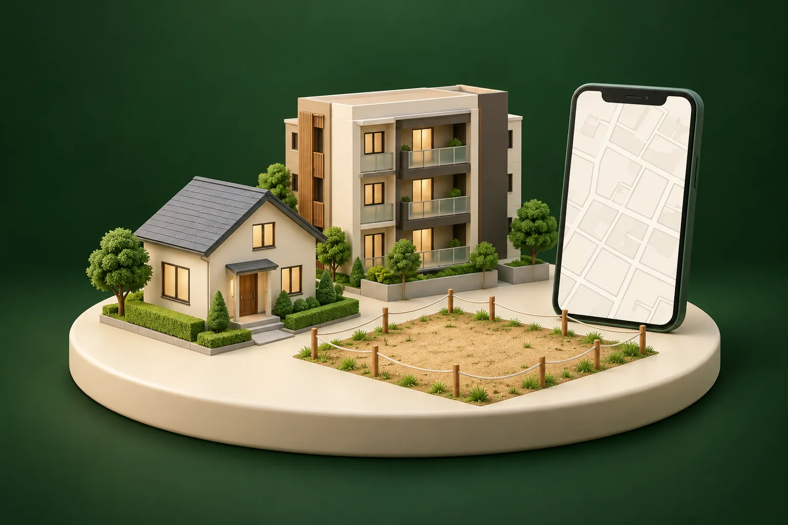 戸建てと低いマンション、ロープで区切った空き地が並ぶ街並みの模型と、地図のような線のスマートフォン