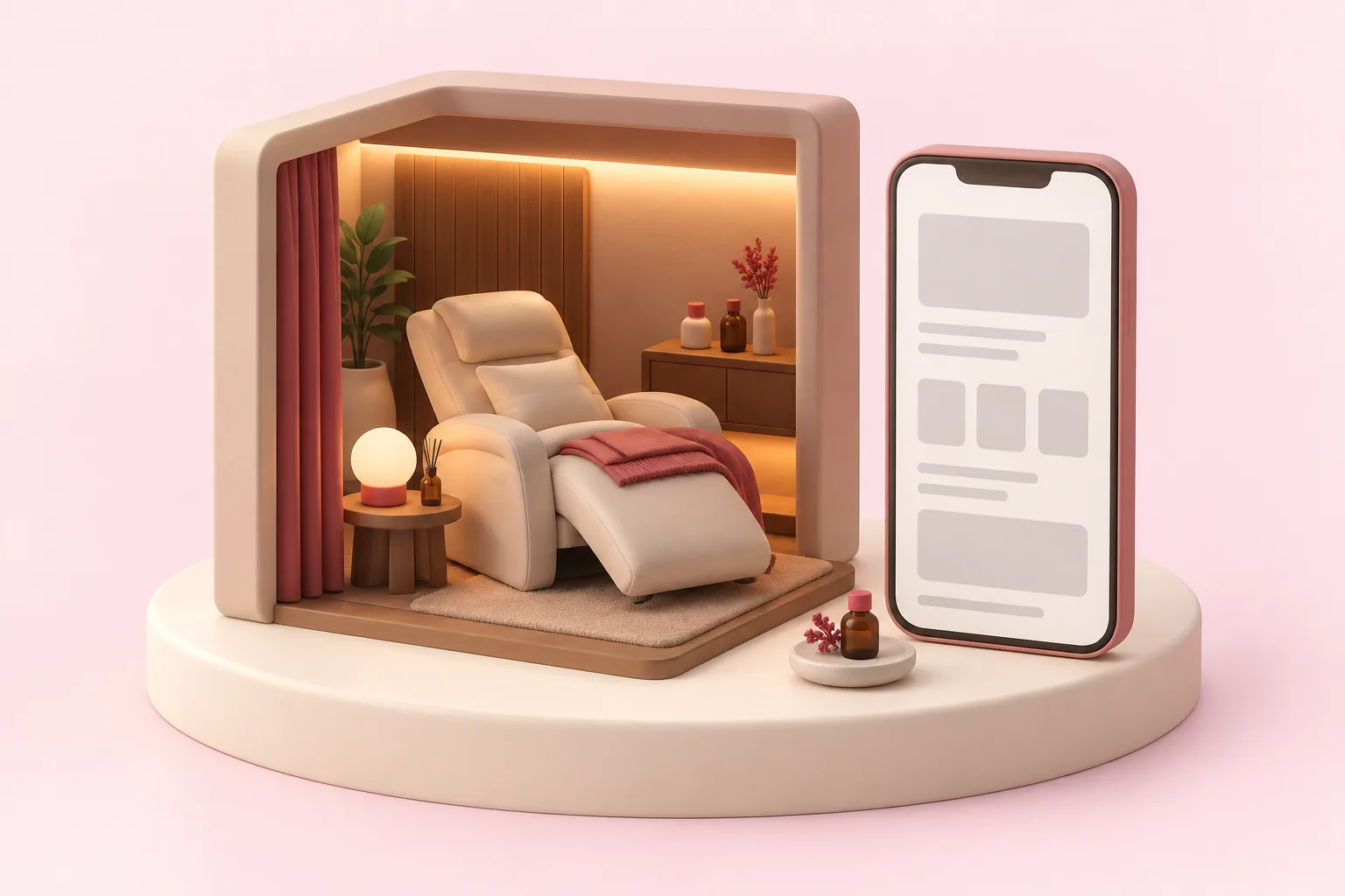 リクライニングチェアと小さなランプのある、ほの暗い個室の模型と、灰色の四角が並ぶスマートフォン