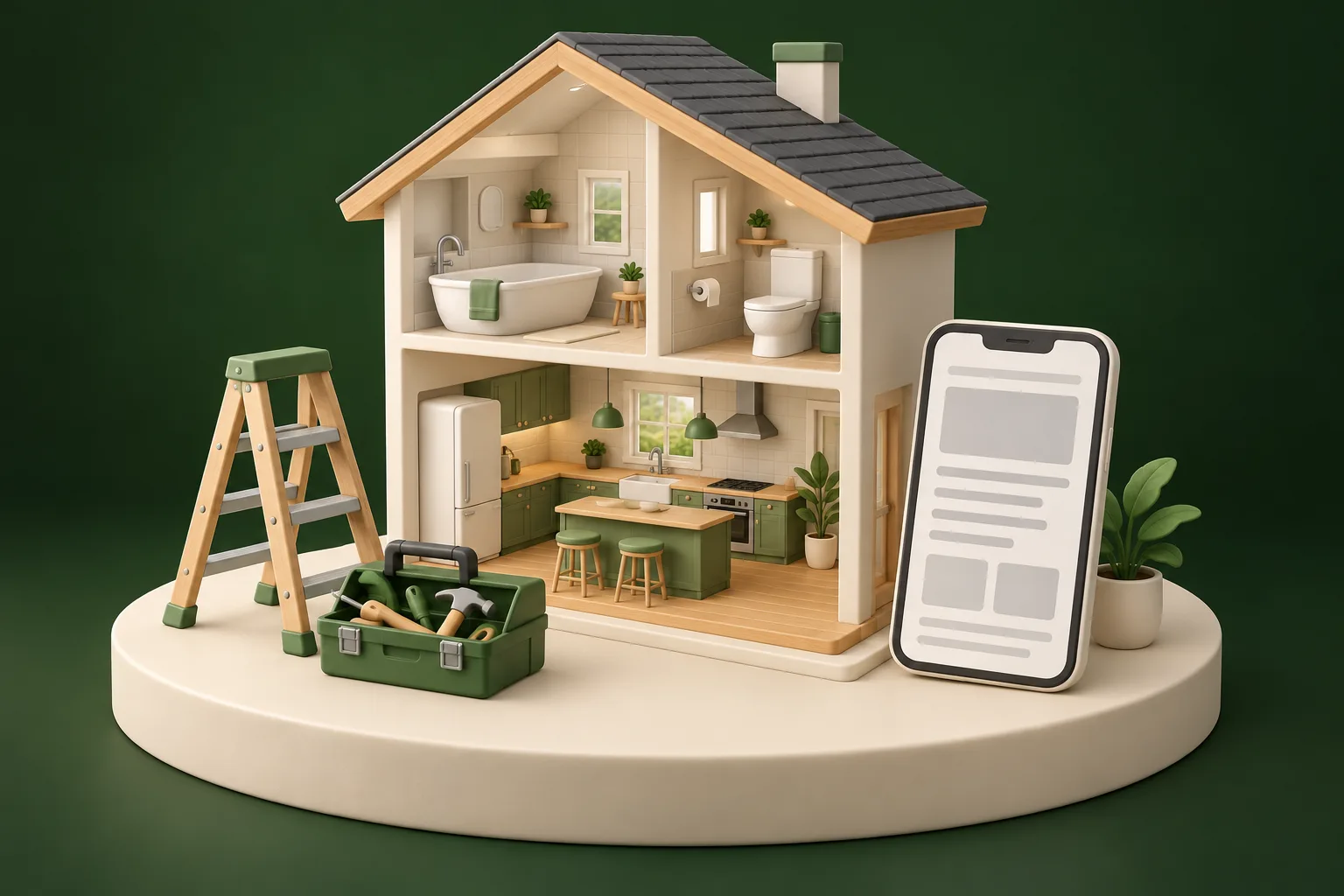 浴槽とキッチン、トイレが部屋ごとに見える断面の家の模型と、脚立と工具箱、スマートフォン
