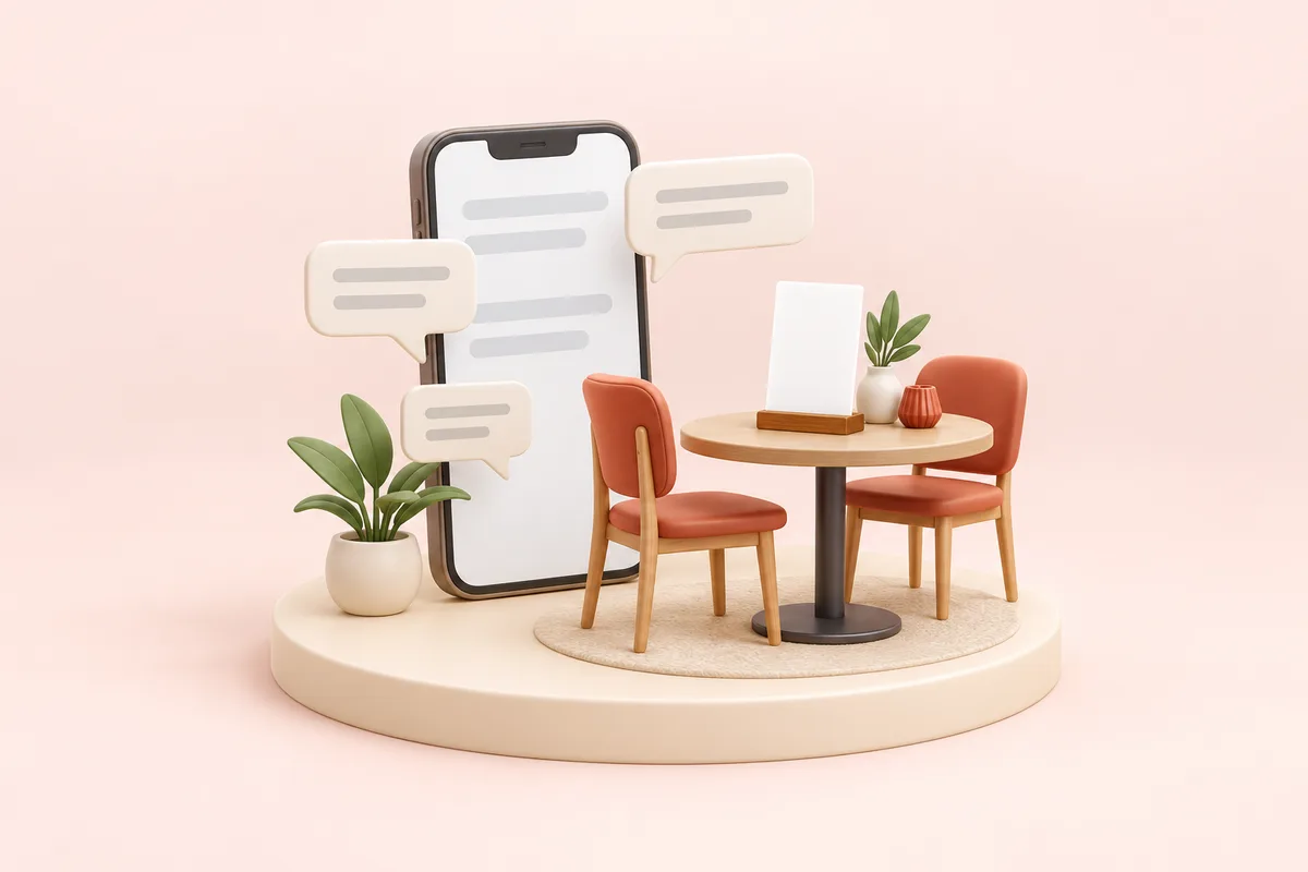 吹き出しの形の札が浮かぶスマートフォンと、卓上スタンドで新しく替わったメニューカード