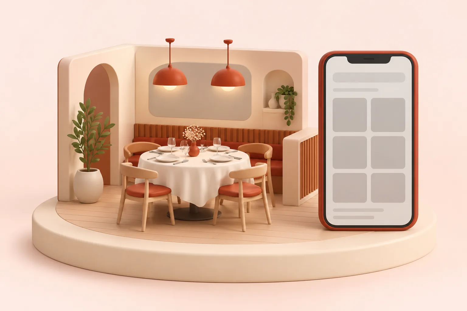 クロスを掛けたテーブルに皿とナイフとフォークが並ぶ、明かりの灯った小さなレストランの模型