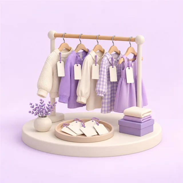 無地の布の札が下がる服のラックと、外した札が数枚入った小さなトレー