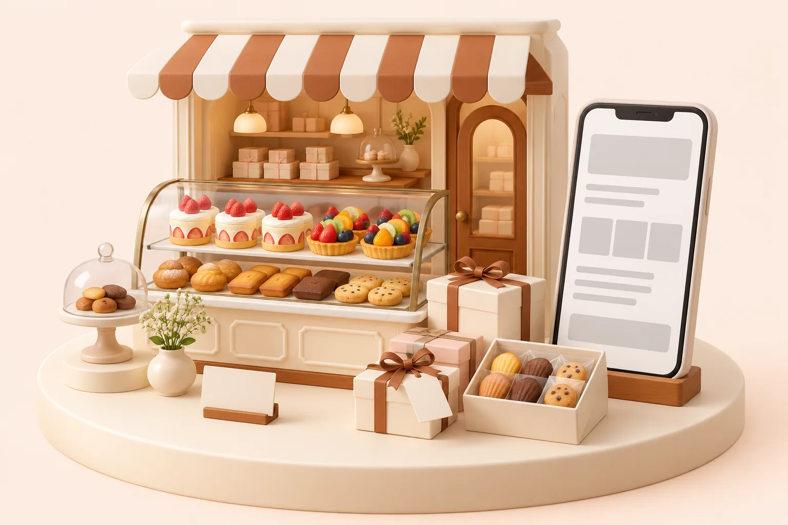 ガラスのショーケースにケーキと焼き菓子の箱が並ぶ、小さな洋菓子店の模型
