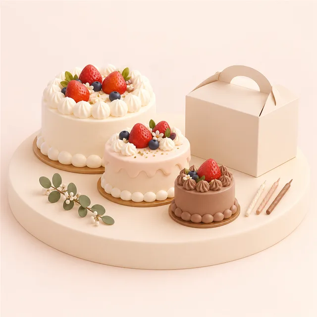 大きさの違う 3 つの丸いホールケーキと、無地のケーキの箱と細いろうそく